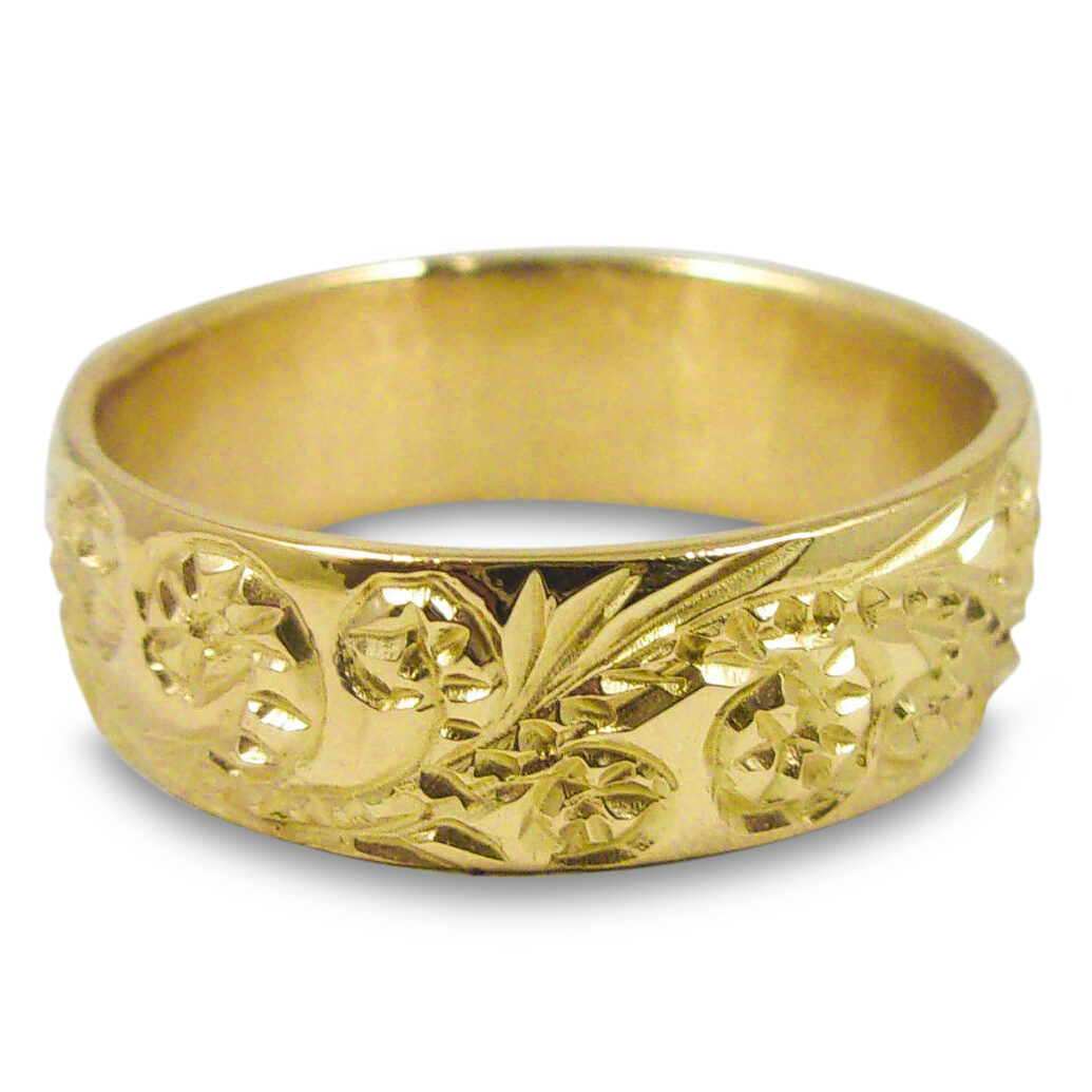 Solid 14K Women's Yellow Gold Ring Hand Engraved Hawaiian Scroll Ring 6mm