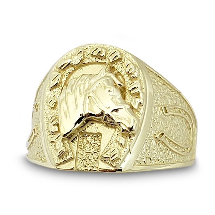 Solid 14K Yellow Gold Large Nugget Mens Horseshoe Ring Size 5 - 15