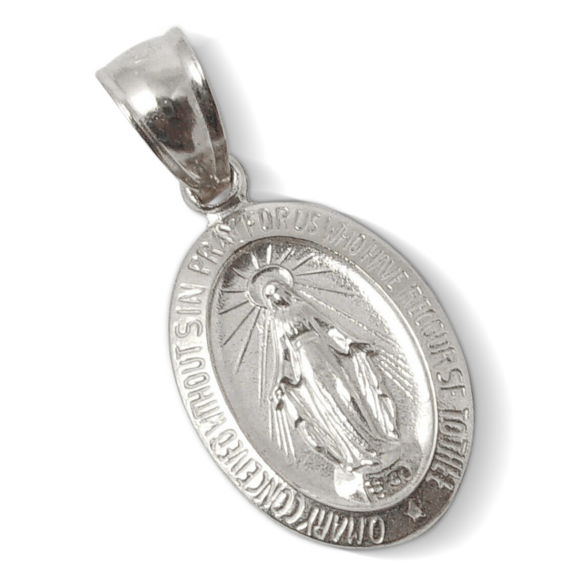 Solid 18K White Gold Miraculous Medal Virgin Mary Pendant, 9/16", Catholic