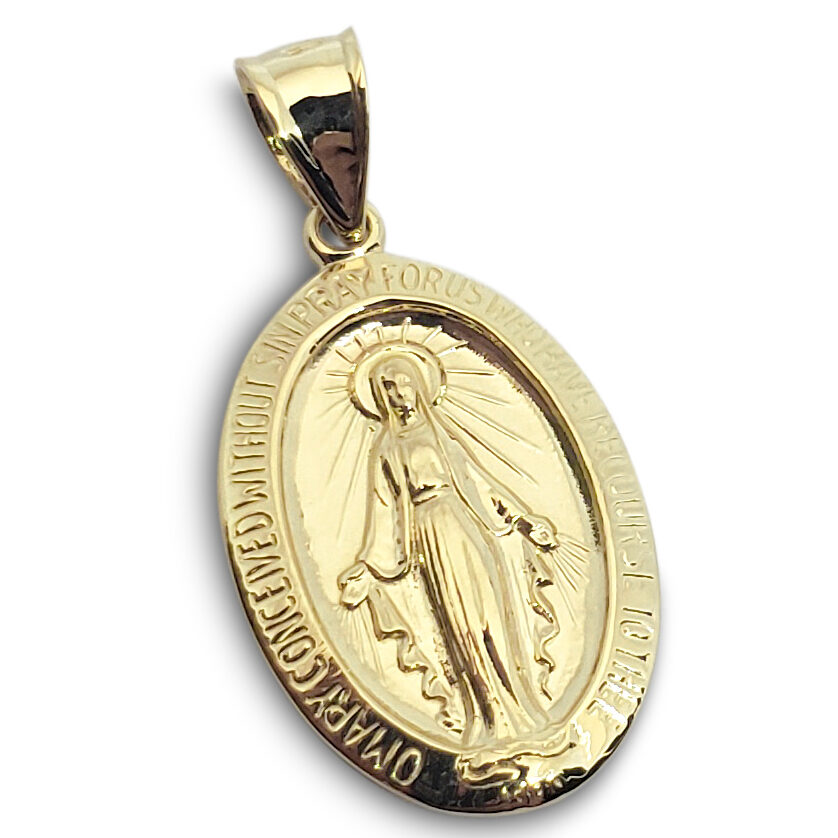 Solid 10K Yellow Gold Virgin Mary Pendant Miraculous Medal, 3/4", Catholic, Virgin Mary Medal