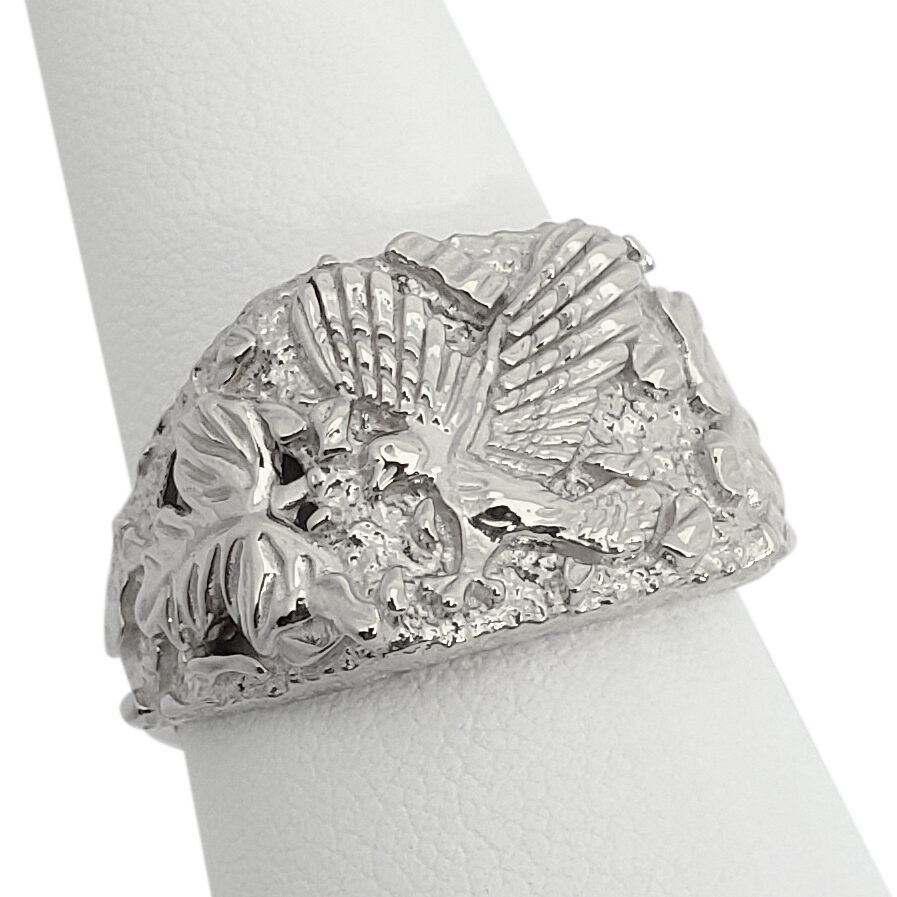Solid 14K White Gold Large Eagle Leaf Mens Nugget Ring, Size 5 - 15