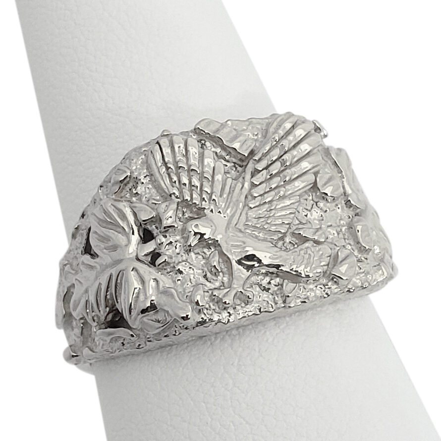 Solid 10K White Gold Large Eagle Leaf Mens Nugget Ring, Size 5 - 15