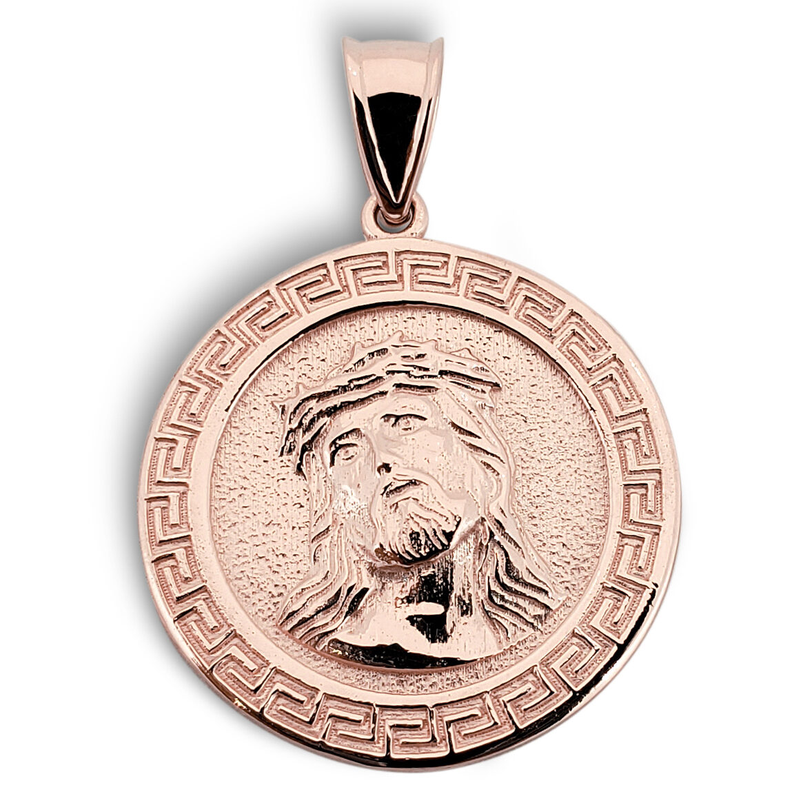 Solid 14K Rose Gold Jesus Pendant Gold Jesus Piece 18mm, 2.4 grams, Greek Key