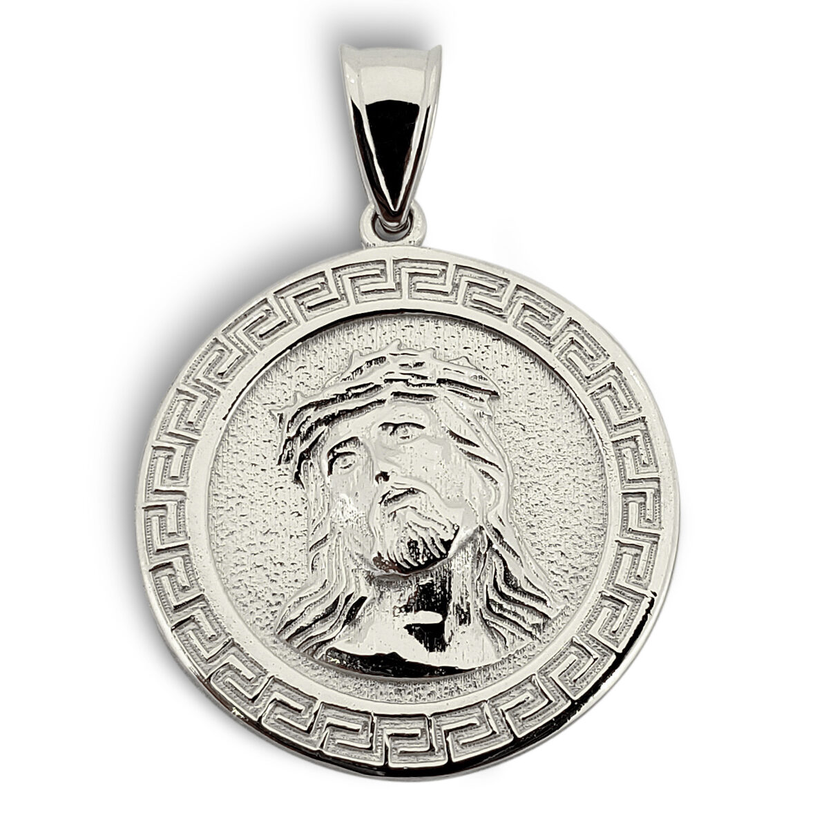 Solid 10K White Gold Jesus Pendant Gold Jesus Piece 18mm, 2.0 grams, Greek Key