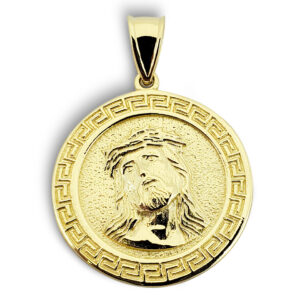 Solid 14K Yellow Gold Jesus Pendant Gold Jesus Piece 18mm, 2.4 grams, Greek Key