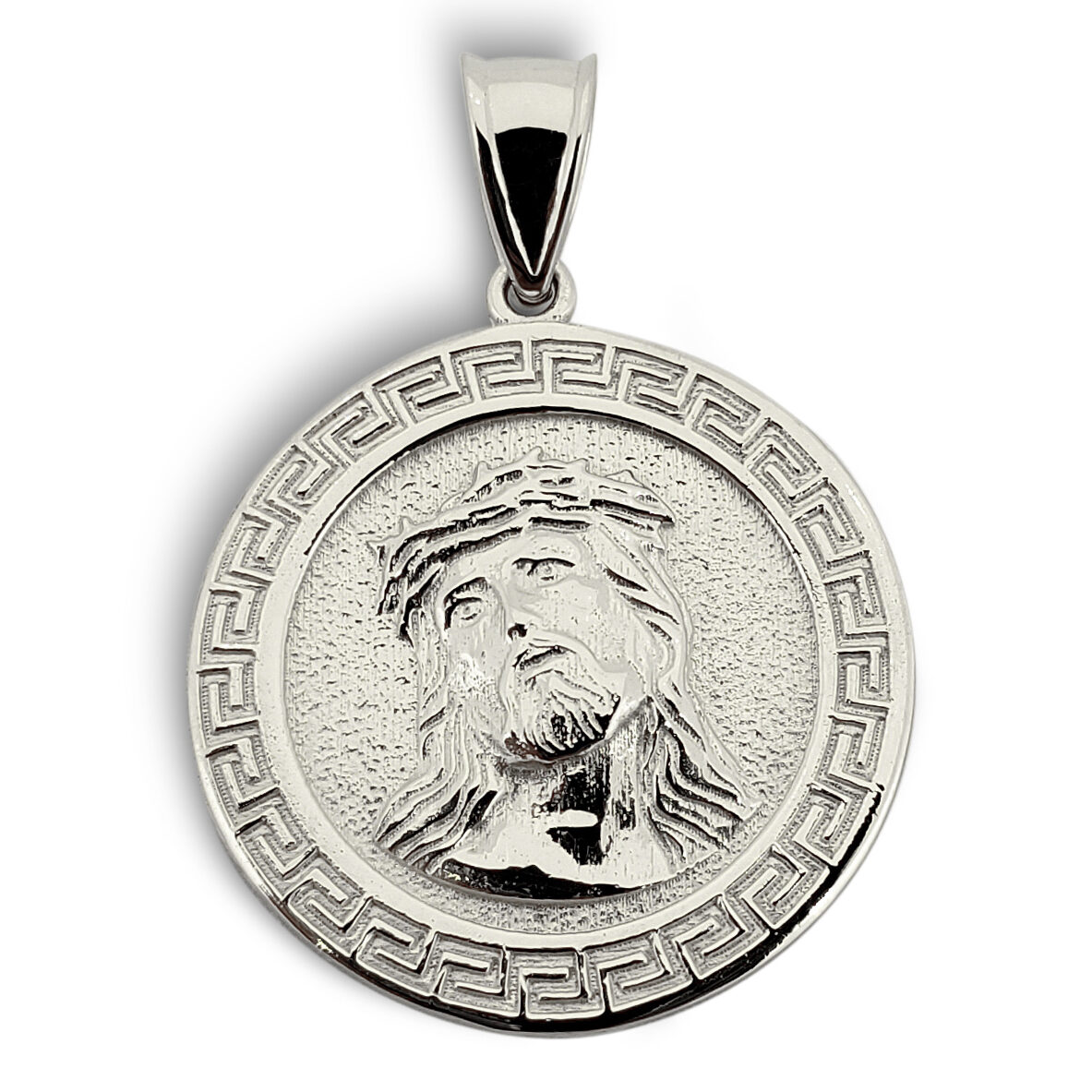 Solid 14K White Gold Jesus Pendant Gold Jesus Piece 18mm, 2.4 grams, Greek Key