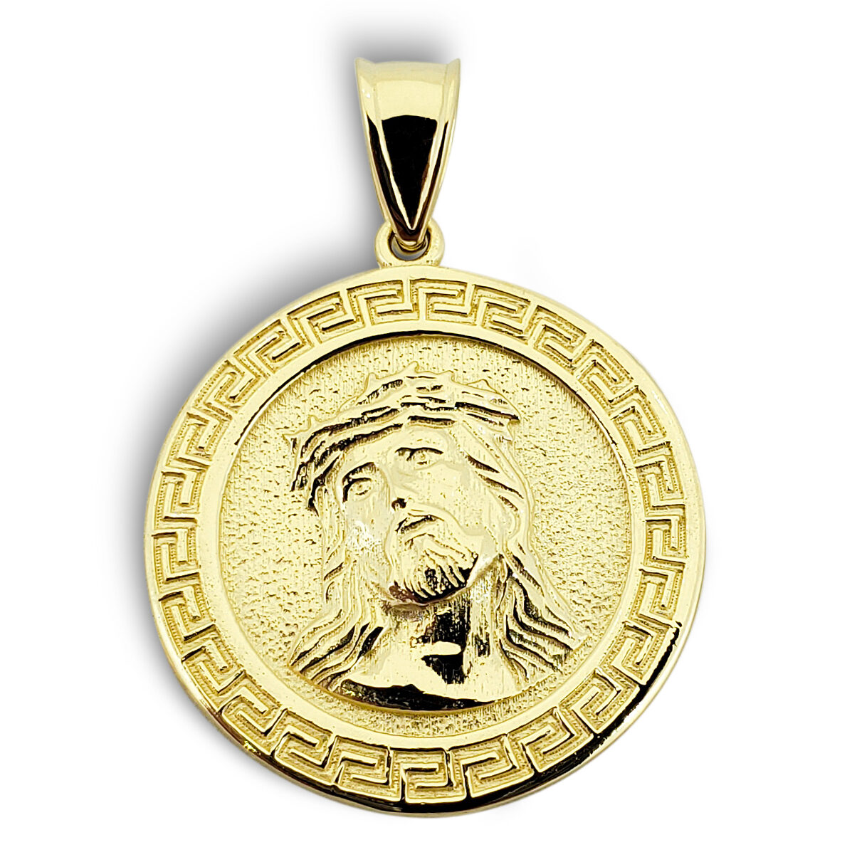 Solid 10K Yellow Gold Jesus Pendant Gold Jesus Piece 18mm, 2.1 grams, Greek Key