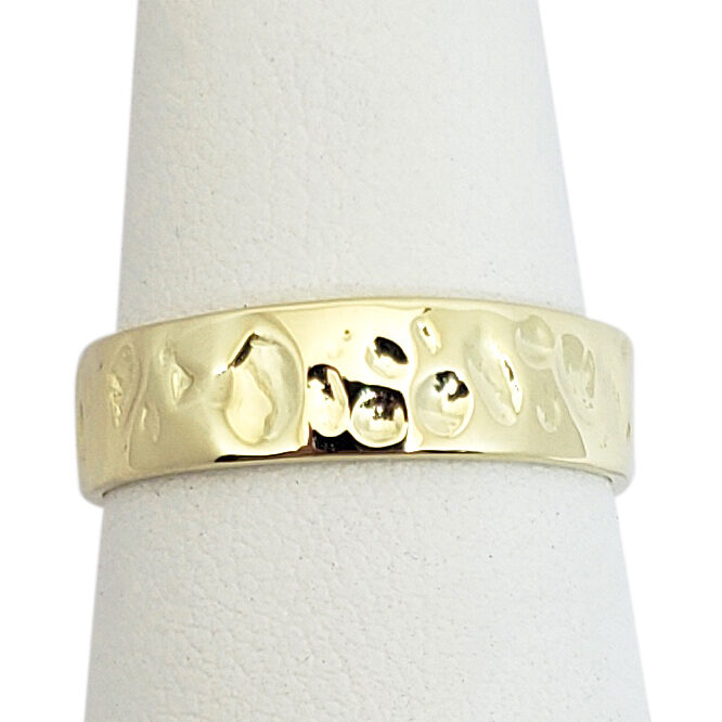 Solid 14K Yellow Gold Hammered Band, Handmade 6mm Wedding Ring Deep Hammer Texture