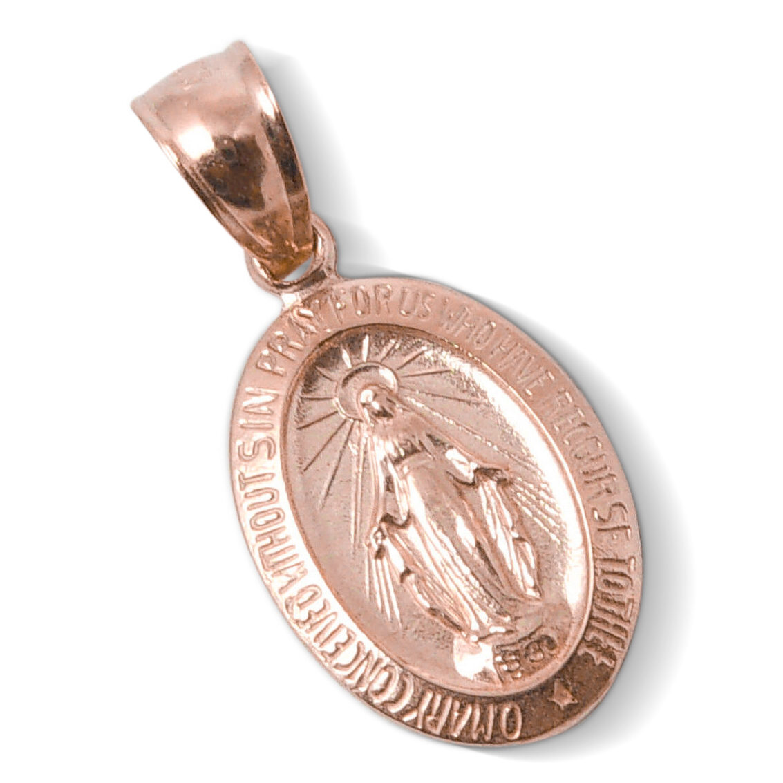 Solid 14K Rose Gold Miraculous Medal Virgin Mary Pendant, 9/16", Catholic