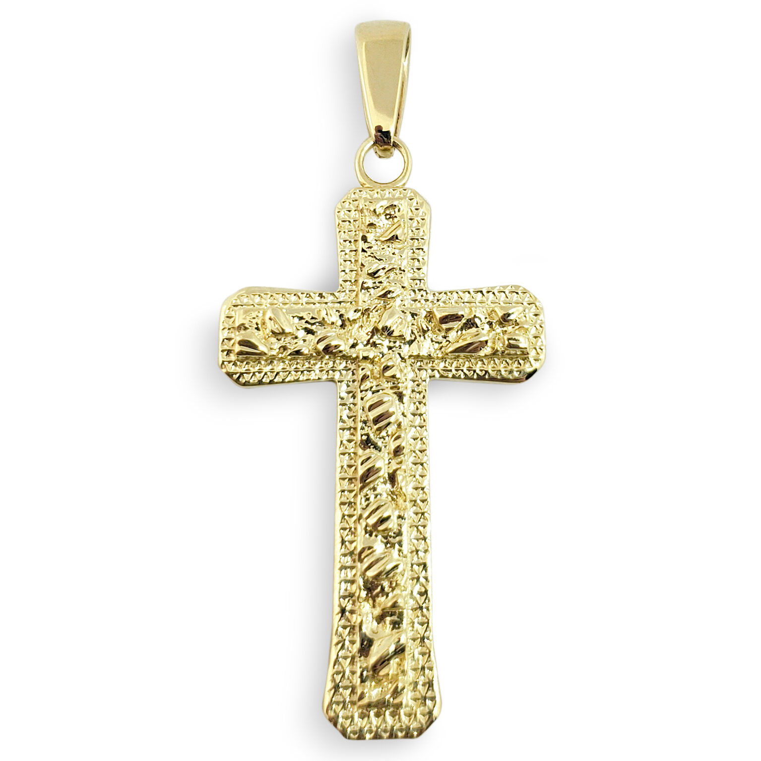 Solid 10K Yellow Gold Mens Nugget Cross Mens Gold Cross Pendant, 1.4", 3.7 grams