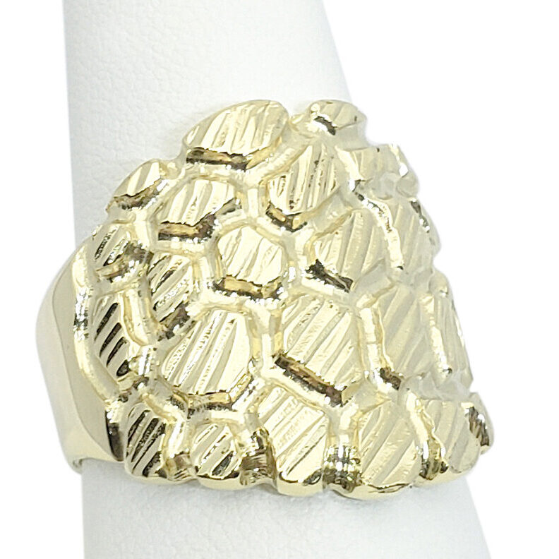 Solid 10K Yellow Gold Extra Large Diamond Cut Mens Nugget Ring, Size 5 - 15 XXL