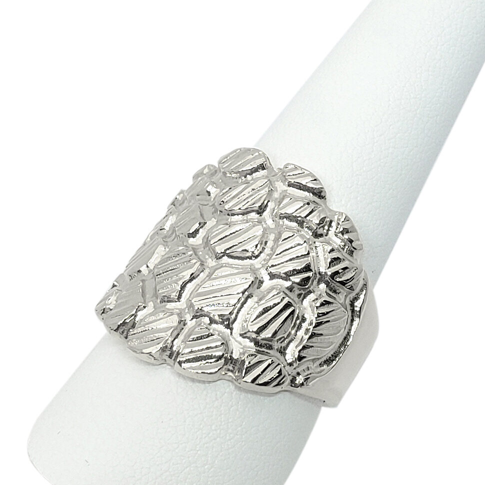 Solid 14K White Gold Heavy Large Diamond Cut Mens Nugget Ring, Size 5 - 15 XXL