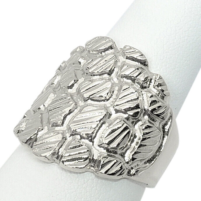 Solid 14K White Gold Heavy Large Diamond Cut Mens Nugget Ring, Size 5 - 15 XXL