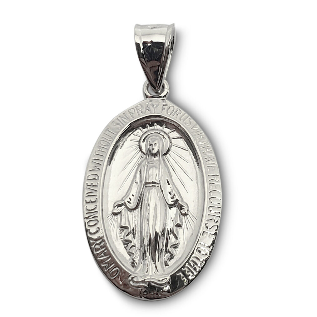 Solid 18K White Gold Miraculous Medal Virgin Mary Pendant, 3/4", Catholic