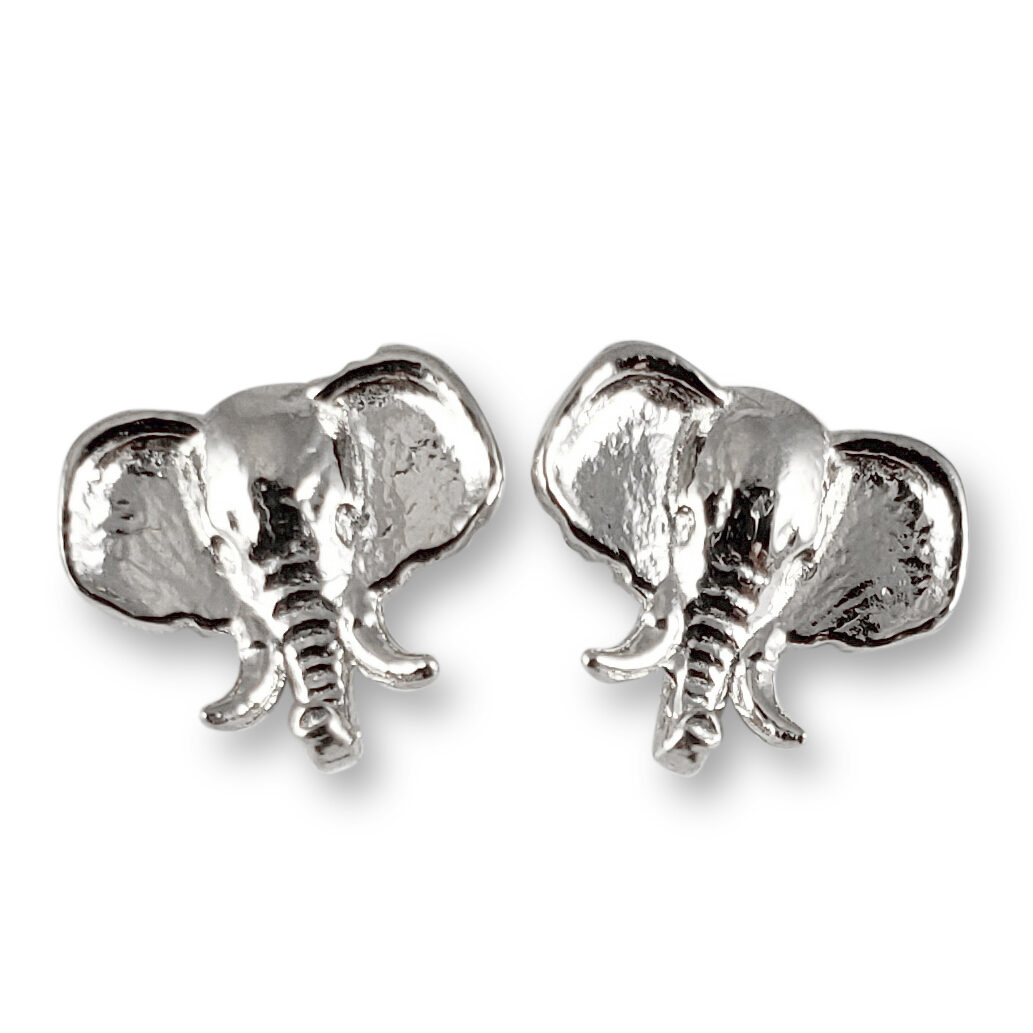 Solid 14K White Gold Stud Earrings 9mm Elephant Head, 1.2 grams, Small