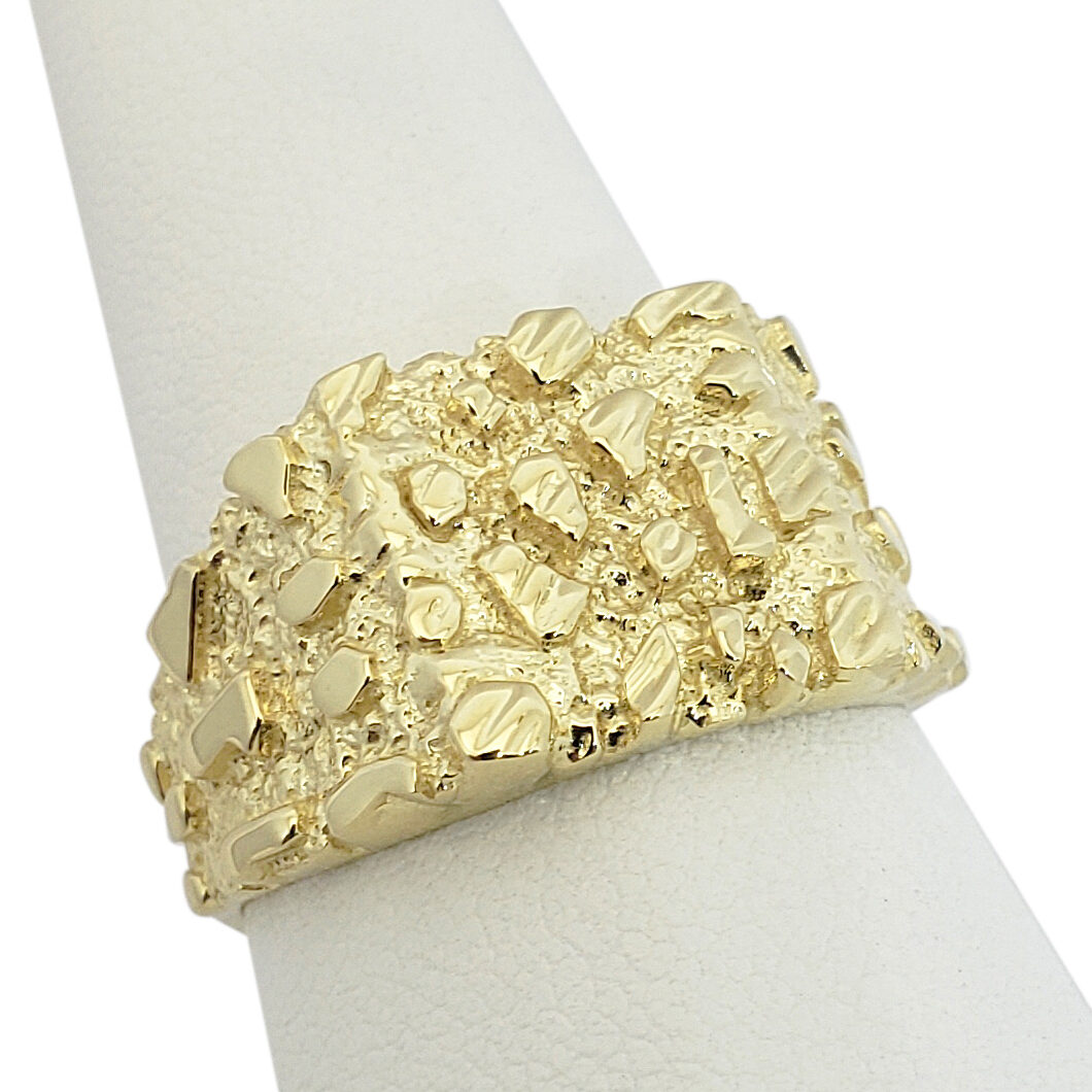 Solid 10K Yellow Gold Large Diamond Cut Mens Nugget Ring, Size 5 - 15