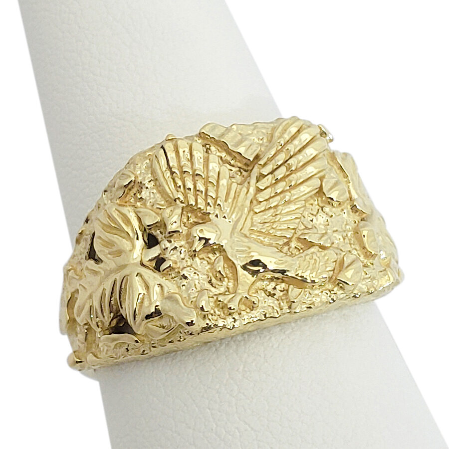 Solid 10K Yellow Gold Large Eagle Leaf Mens Nugget Ring, Size 5 - 15