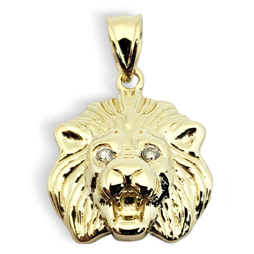 Solid 14K Yellow Gold Mens Lion Pendant Diamond Eyes, 2.2 grams 14mm, Small