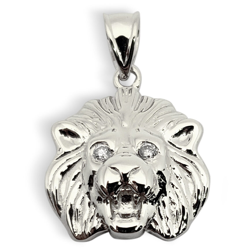 Solid 10K White Gold Mens Lion Pendant Charm Diamond Eyes, 1.9 grams, 14mm, Small
