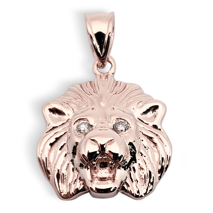 Solid 10K Rose Gold Mens Lion Pendant Diamond Eyes, 2.0 grams, 14mm, Small