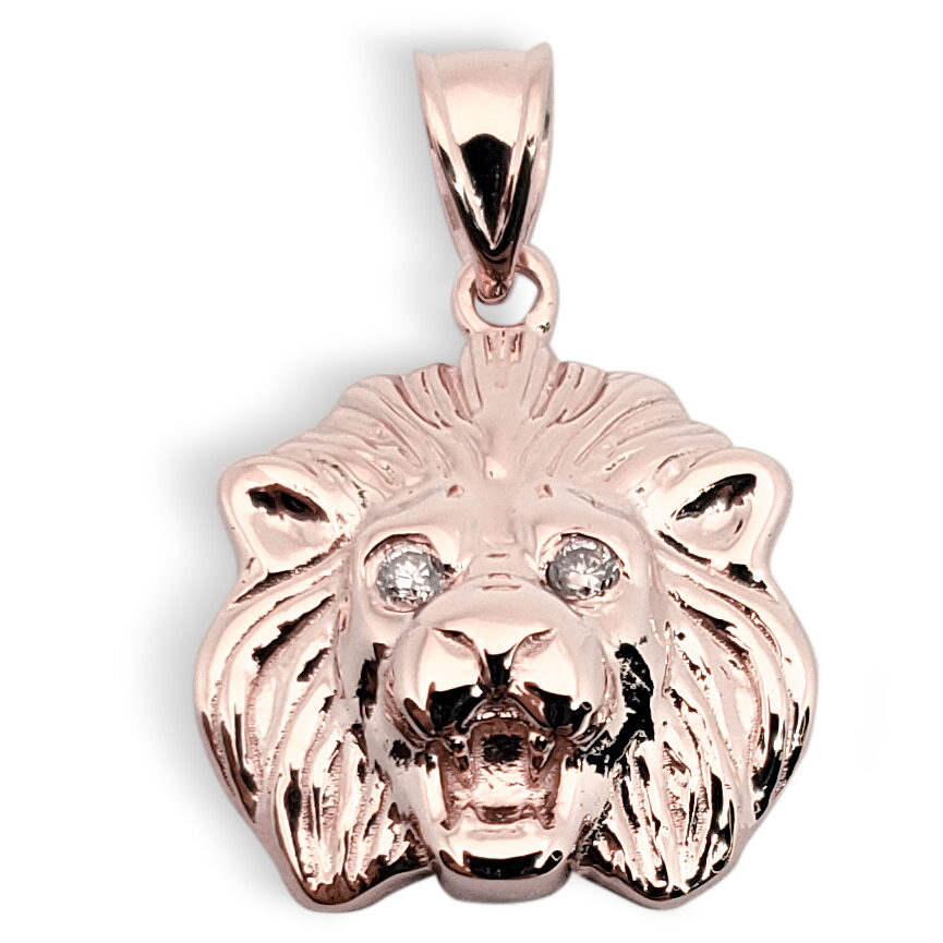 Solid 14K Rose Gold Mens Lion Pendant Diamond Eyes, 2.2 grams 14mm, Small
