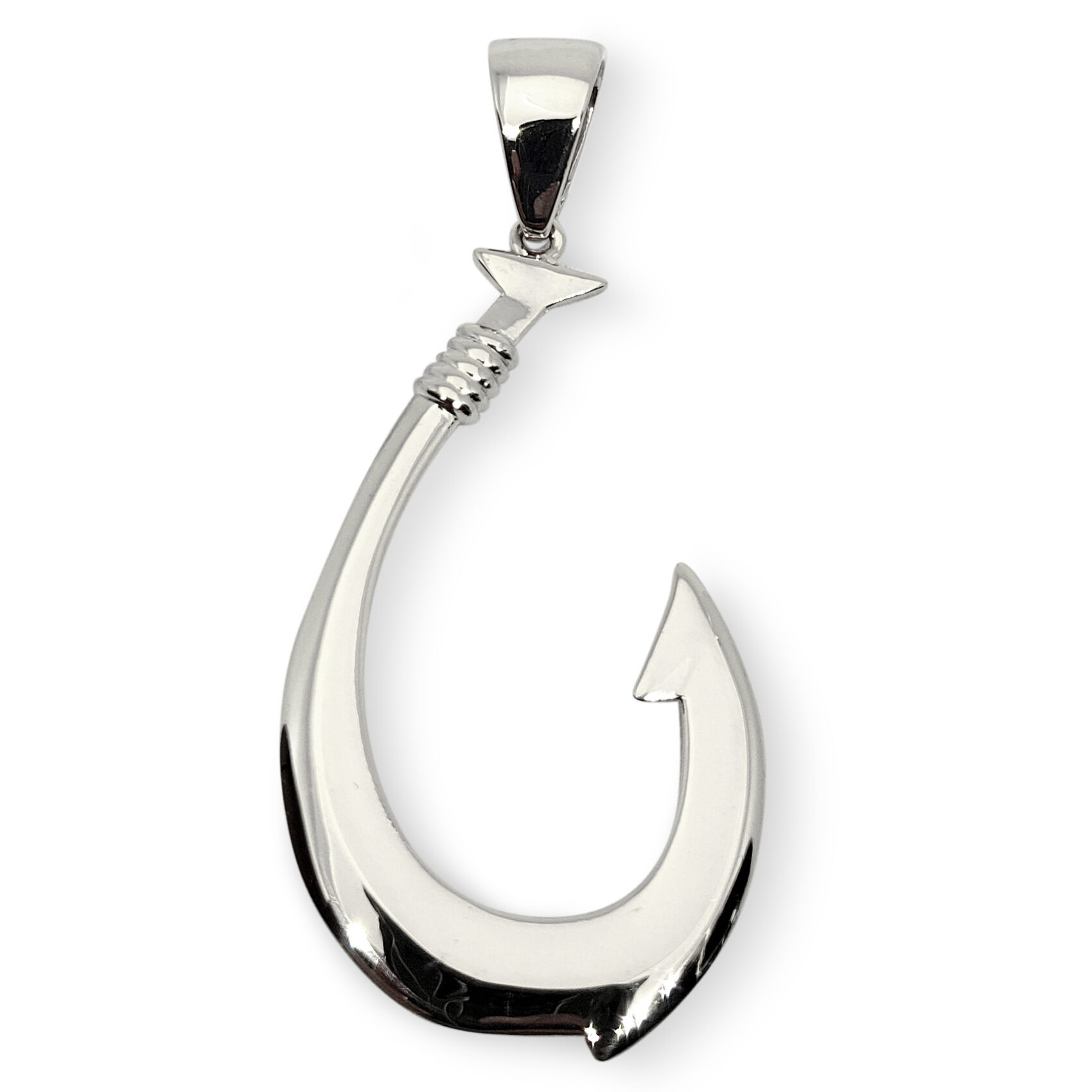 Solid 14K White Gold Fish Hook Pendant, Large, 2.5 Inch, Hawaiian Fish Hook Jewelry, Hawaiian Makau, Hei Matau, Polynesian Pendant