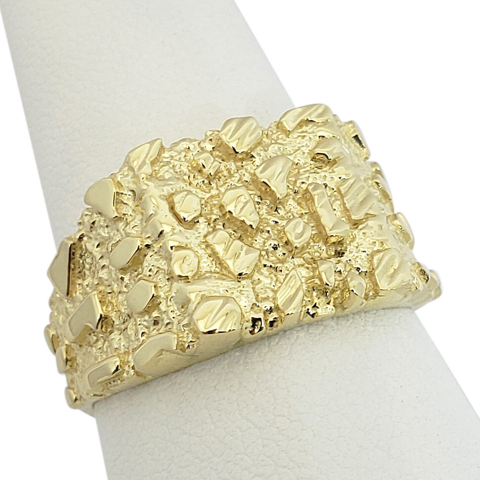 Solid 14K Yellow Gold Large Diamond Cut Mens Nugget Ring, Size 5 - 15