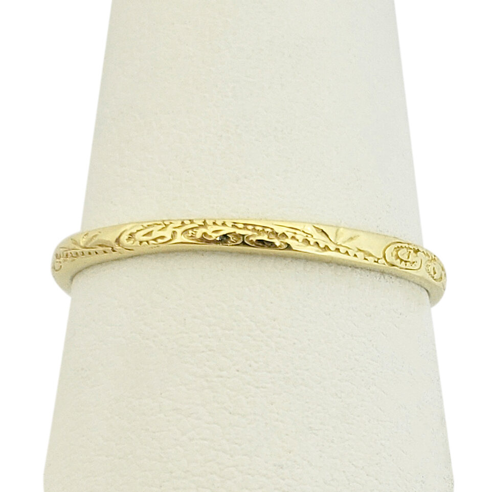 Solid 10K Women's Yellow Gold Ring Engraved Hawaiian Scroll Ring 2mm, Midi
