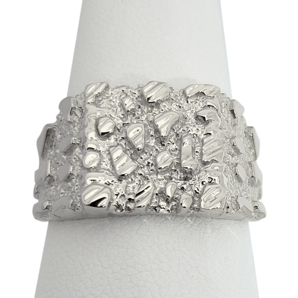 Solid 10K White Gold Large Diamond Cut Mens Nugget Ring, Size 5 - 15