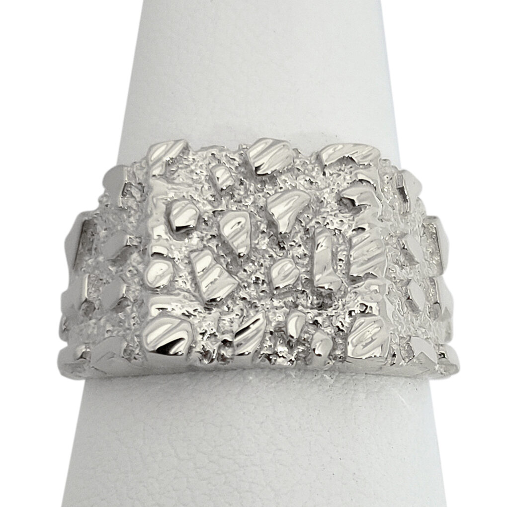 Solid 18K White Gold Large Diamond Cut Mens Nugget Ring, Size 5 - 15