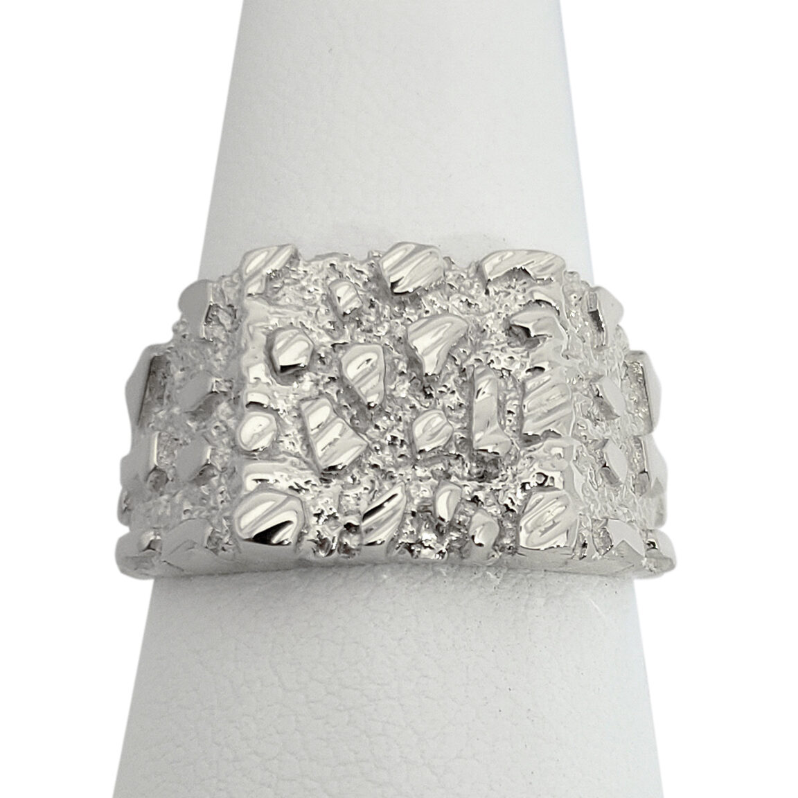 Solid 14K White Gold Large Diamond Cut Mens Nugget Ring, Size 5 - 15