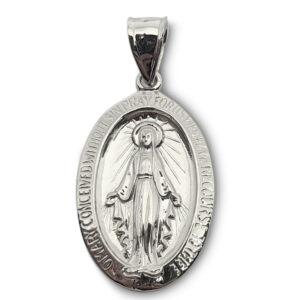 Solid 10K White Gold Miraculous Medal Virgin Mary Pendant, 3/4", Catholic