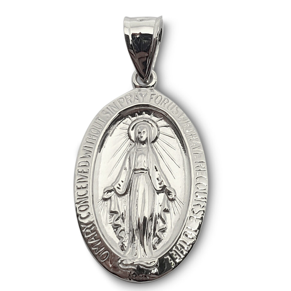 Solid 10K White Gold Miraculous Medal Virgin Mary Pendant, 3/4", Catholic