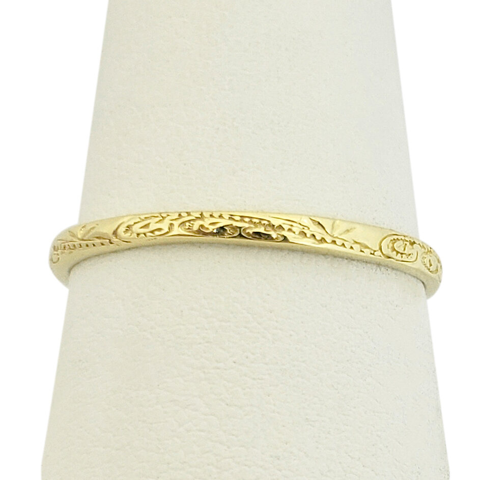 Solid 14K Women's Yellow Gold Ring Engraved Hawaiian Scroll Ring 2mm, Midi