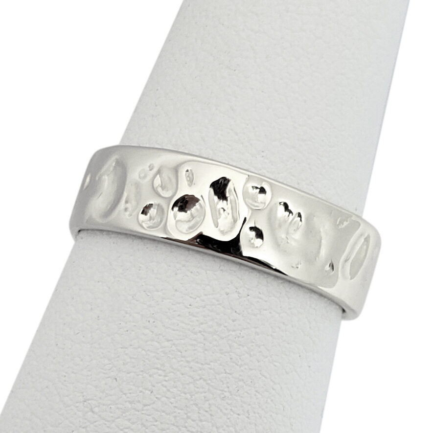 Solid 14K White Gold Hammered Band, Handmade 6mm Wedding Ring Deep Hammer Texture