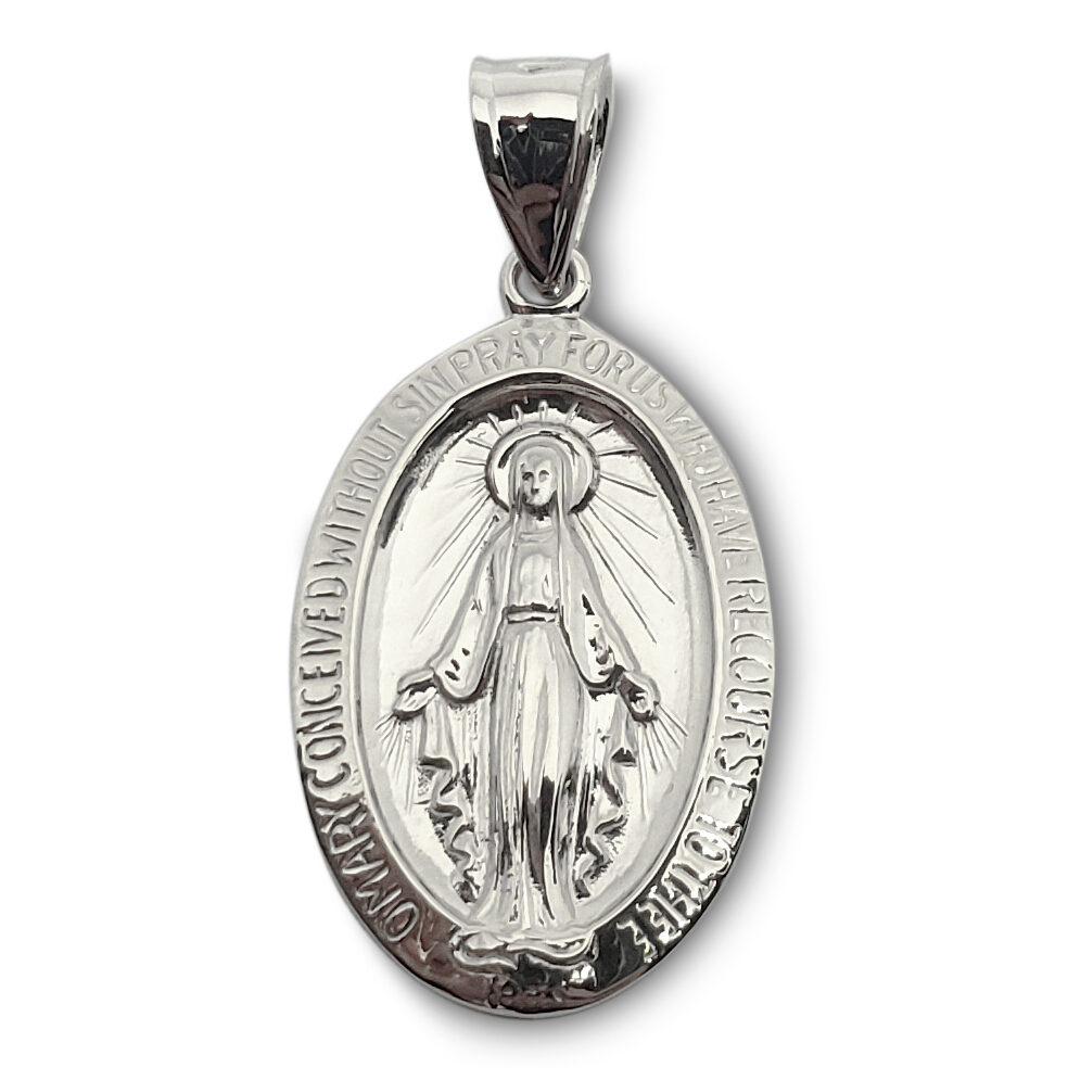 Solid 14K White Gold Miraculous Medal Virgin Mary Pendant, 3/4", Catholic