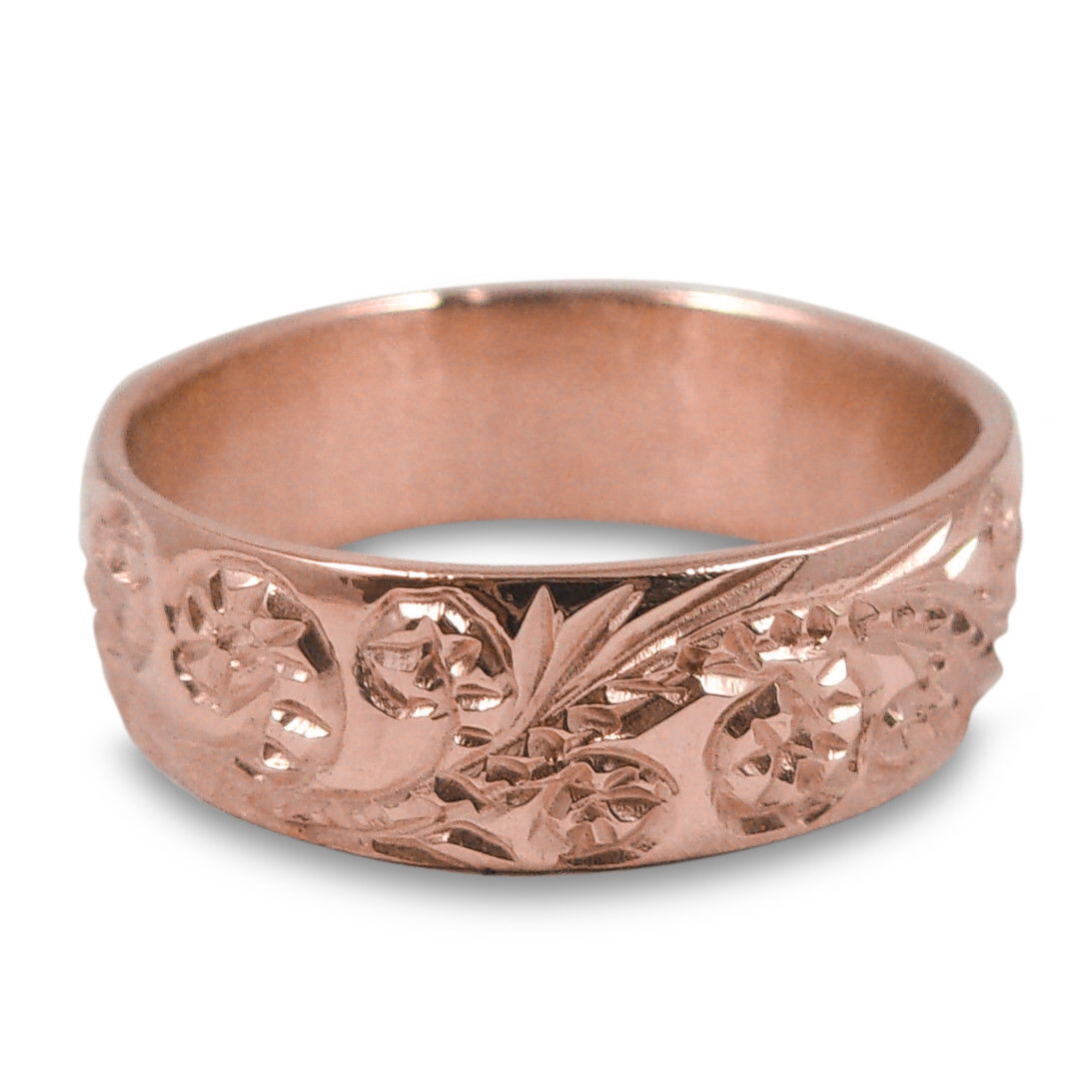 Solid 14K Women's Rose Gold Ring Hand Engraved Hawaiian Scroll Ring 6mm