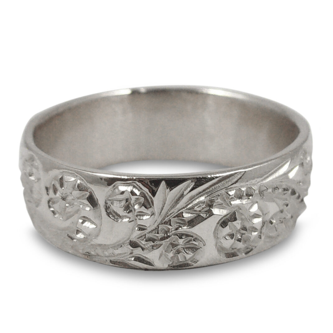 Solid 14K Women's White Gold Hand Engraved Royal Hawaiian Scroll Ring Band 6mm