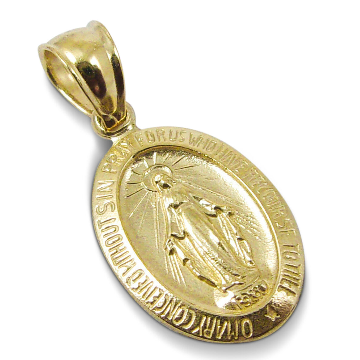 Solid 10K Yellow Gold Miraculous Medal Virgin Mary Pendant, 9/16", Catholic