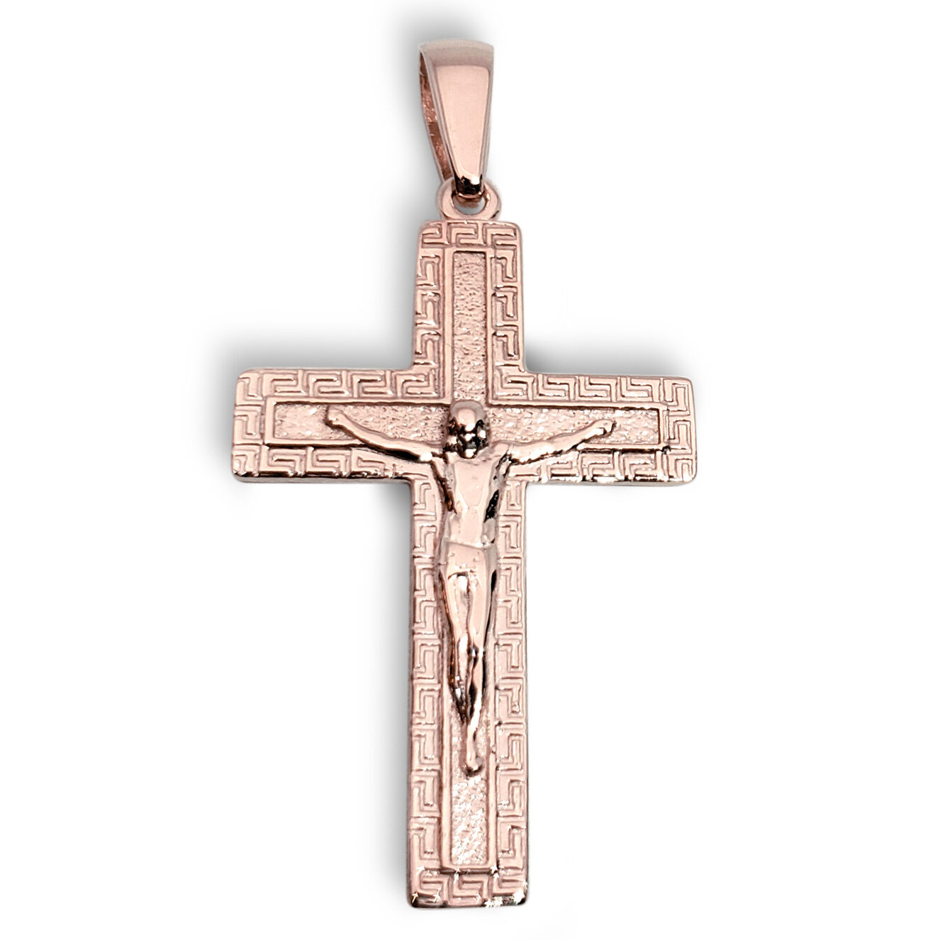 Solid 10K Rose Gold Cross Pendant Ornate Greek Key Cross, 3.3 grams, 1 3/4"
