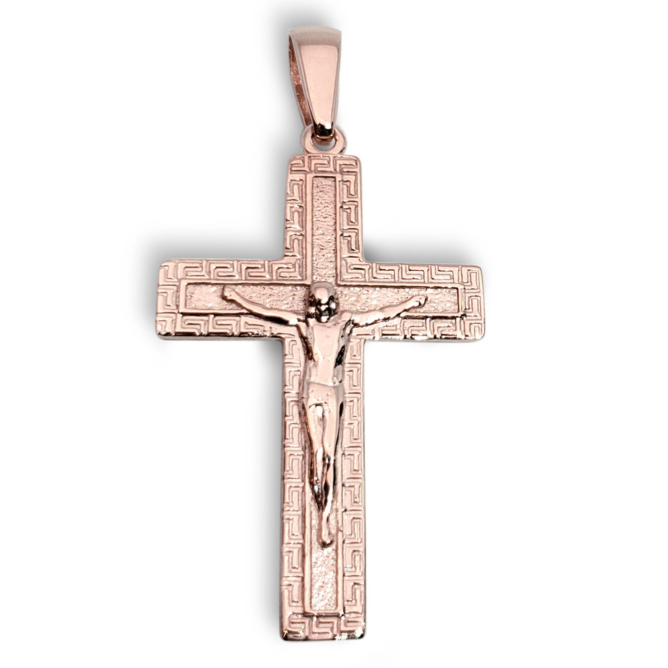 Solid 14K Rose Gold Cross Pendant Ornate Greek Key Cross, 3.9 grams, 1.75 inch