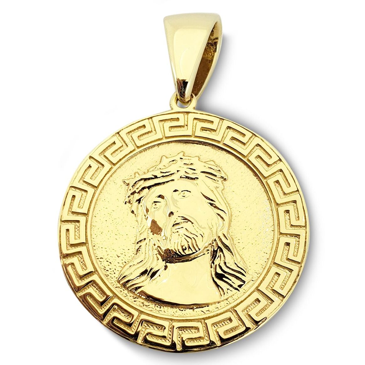 Solid 10K Yellow Gold Jesus Pendant Gold Jesus Piece 31mm, Greek Key