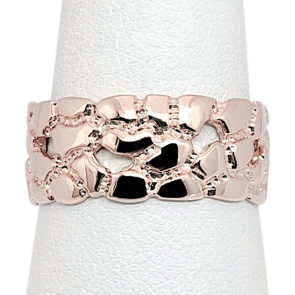 Solid 10K Rose Gold Mens Nugget Band, 9mm Gold Nugget Ring, Size 5 - 15