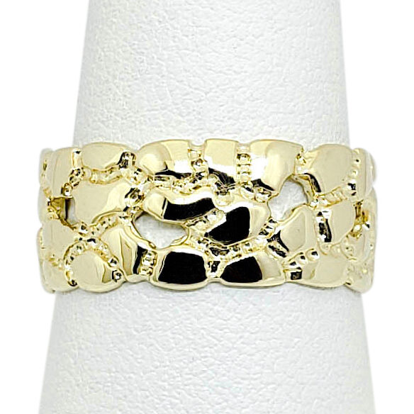 Solid 10K Yellow Gold Mens Nugget Band, 9mm Gold Nugget Ring, Size 5 - 15