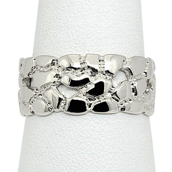Solid 10K White Gold Mens Nugget Band, 9mm Gold Nugget Ring, Size 5 - 15