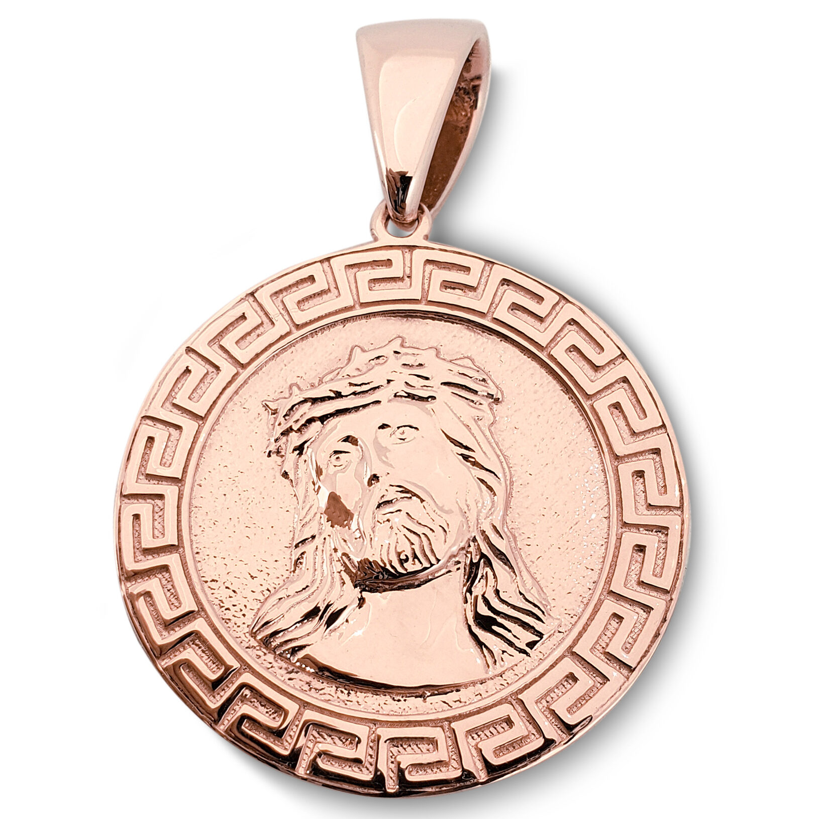 Solid 10K Rose Gold Jesus Pendant Real Gold Jesus Piece 31mm, Greek Key