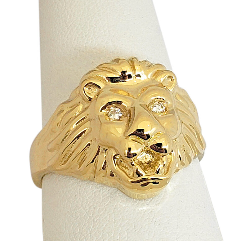 Solid 18K Yellow Gold Handcarved Mens Lion Ring Diamond Eyes Size 5 - 15