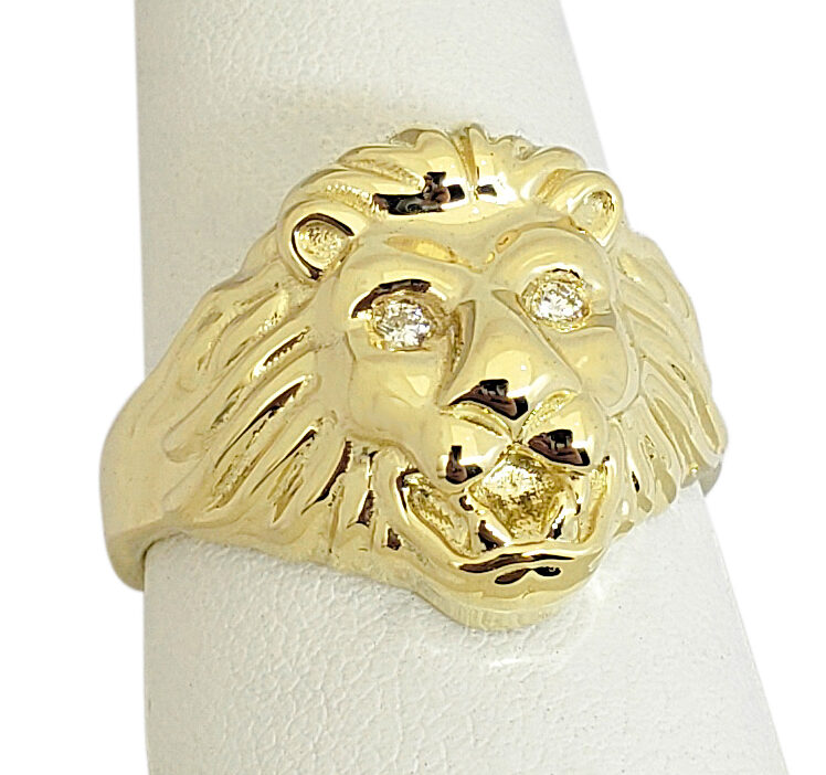 Solid 14K Yellow Gold Handcarved Mens Lion Ring Diamond Eyes Size 5 - 15