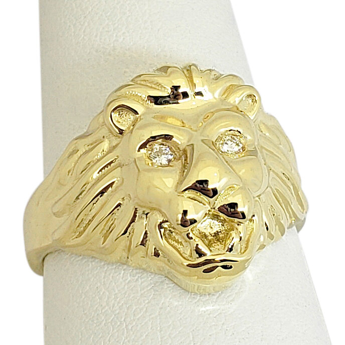 Solid 10K Yellow Gold Handcarved Mens Lion Ring Diamond Eyes Size 5 - 15