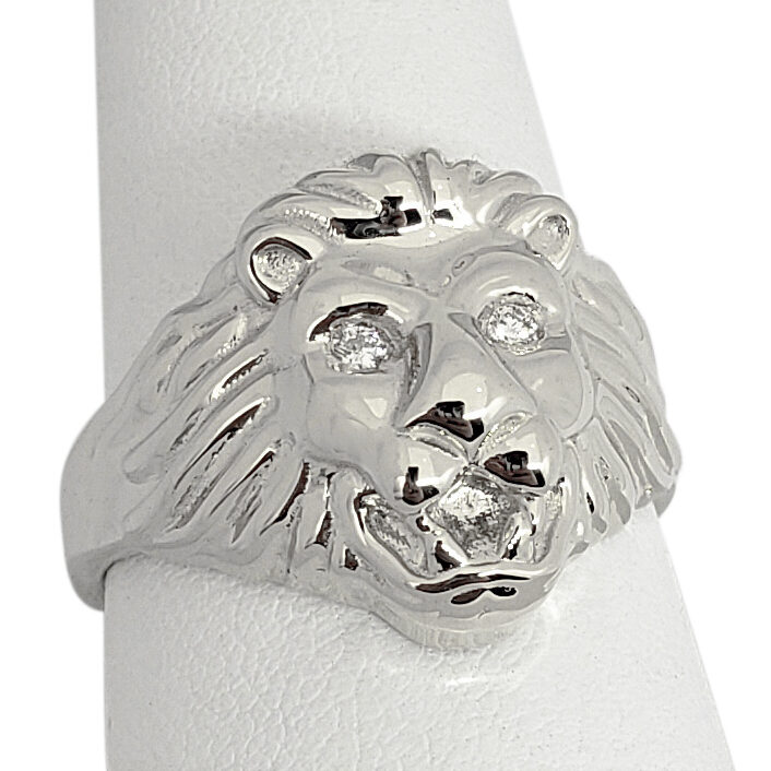 Solid 10K White Gold Handcarved Mens Lion Ring Diamond Eyes Size 5 - 15